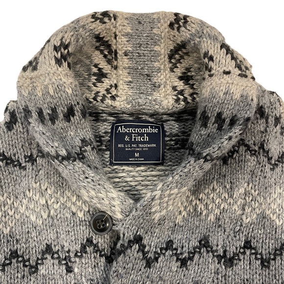 Abercrombie & Fitch Fair Isle Shawl Collar Pullover Chunky Grandpa Sweater Sz M - Picture 9 of 9